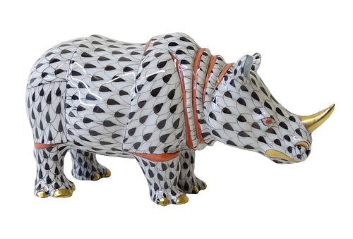 Herend Porcelain Black Fishnet Rhinoceros Figurine