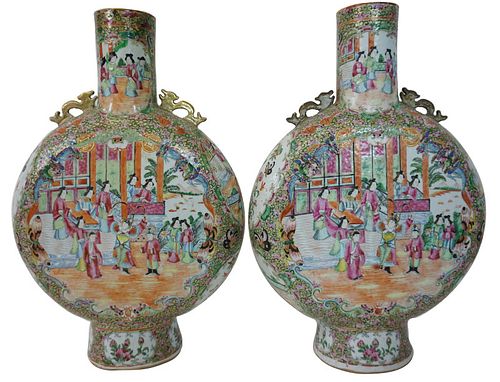 Chinese Export Rose Medallion Moon Flask Vases