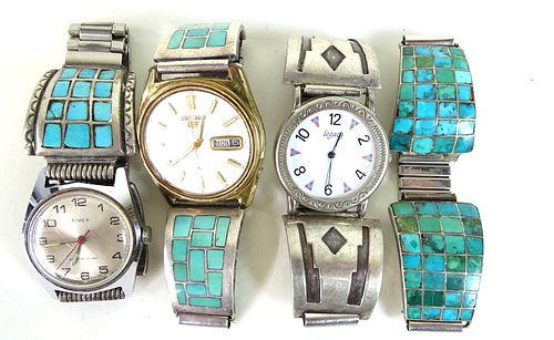 Four (4) Navajo Turquoise & Sterling Silver Watch