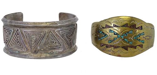 Pair of Navajo Turquoise, Silver, & Brass Cuffs