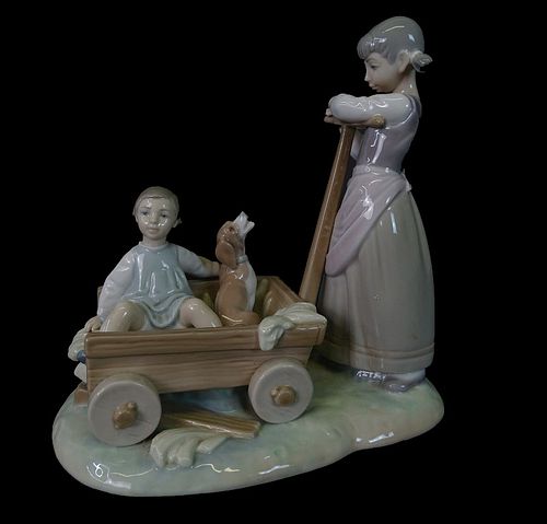 Lladro #1253 Pulling Boy and Dog in Wagon