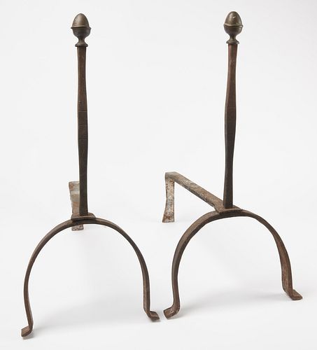 Pair of Early Iron Andirons with Brass Finials