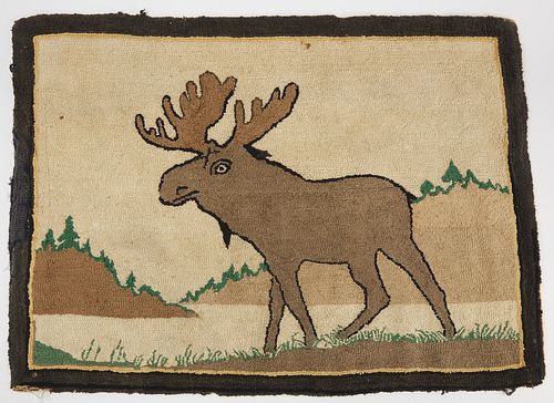 Folk Art Moose Hooked Rug