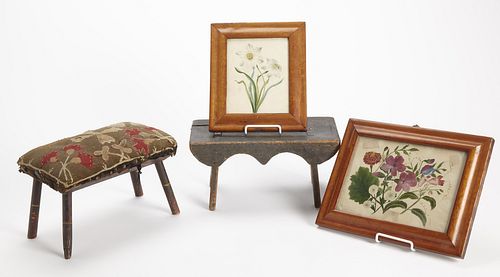 2 Early Foot Stools and 2 Early Floral Watercolors