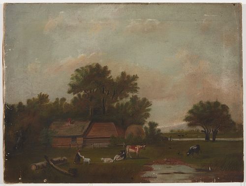 Two Paintings - Farm Scene & Folk Art River Scene