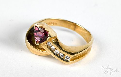 14K gold diamond and rhodolite ring