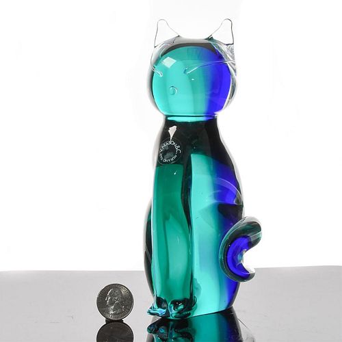 V. NASON & CO MURANO LG GLASS SCULPTURE, TURQUOISE CAT