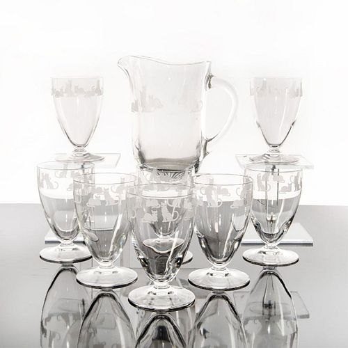 9PC LENOX CRYSTAL ETCHED PITCHER & FOOTED TUMBLERS CATS