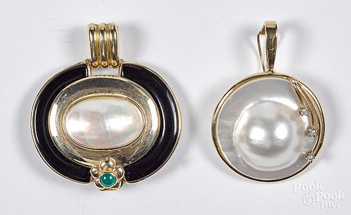 Two 14K gold, abalone, diamond & gemstone pendant