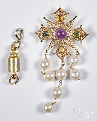 14K gold, gemstone and pearl pendant/brooch