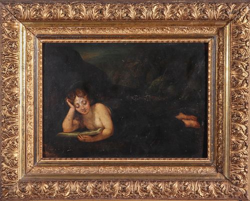 Woman Reading in Dark Landscape Oil on Panel