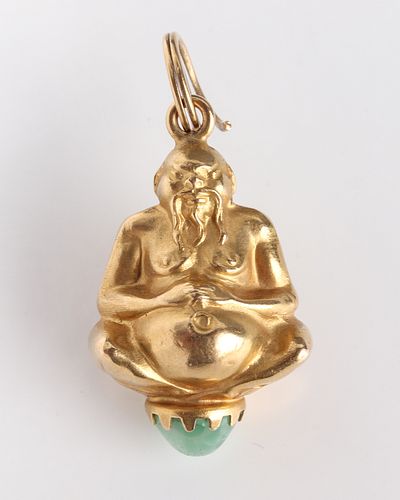 18K Yellow Gold & Green Stone Buddhist Deity Charm
