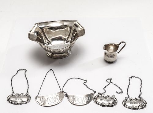Sterling Liquor Tags, Small Bowl & Pitcher