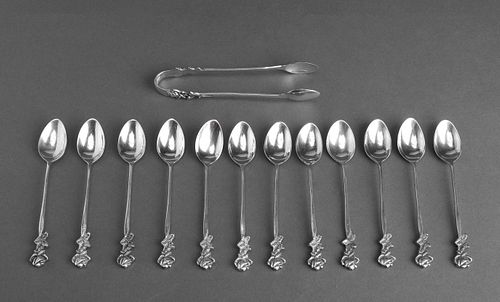 Continental Silver Tea Spoons And Sugar Tongs, 13