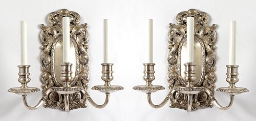 Baroque Style Silvered Metal 3-Light Sconces, Pr
