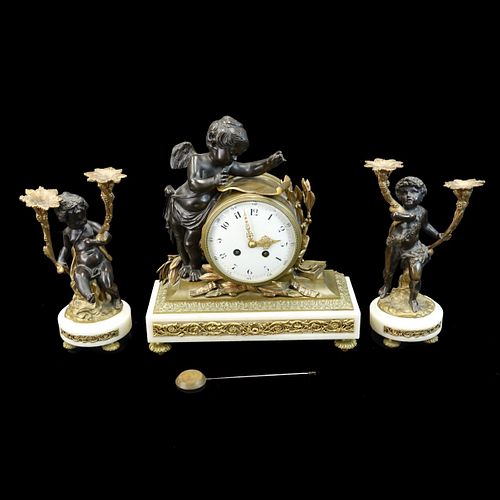3pc Antique French Gilt Patinated Bronze Clock Set
