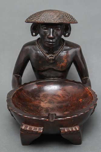 African Carved Wood Figure with Bowl Sculpture