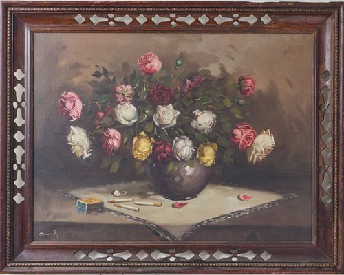 Mid-Century Continental "Still Life of Roses," Oil