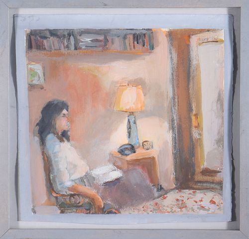Mid-Century "Woman Reading" Oil on Paper