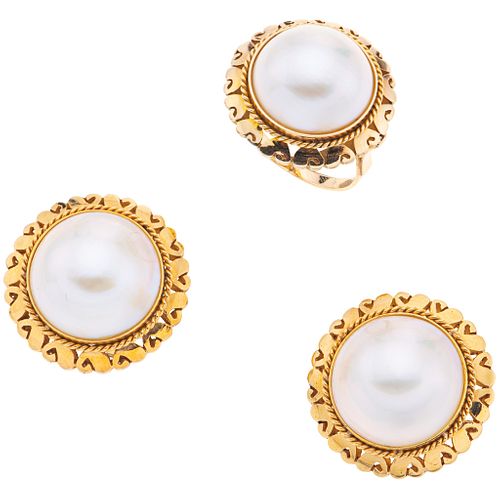 RING AND EARRINGS SET WITH HALF PEARLS. 18K AND 14K YELLOW GOLD 
