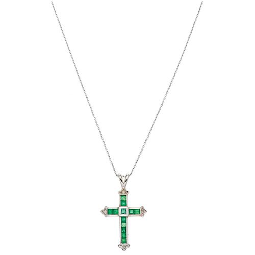 CHOKER AND CROSS WITH EMERALDS AND DIAMONDS. 14K WHITE GOLD