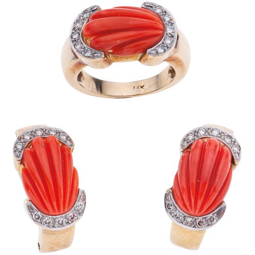 RING AND EARRINGS SET WITH CORAL AND DIAMONDS. 14K YELLOW GOLD