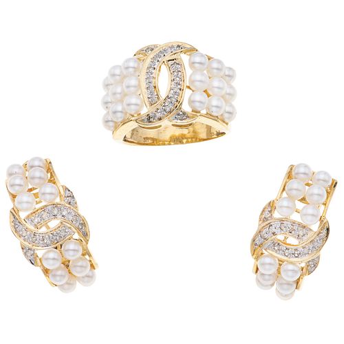RING AND EARRINGS SET WITH CULTURED PEARLS AND DIAMONDS. 14K YELLOW GOLD