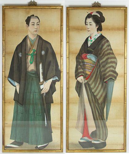 Pair of Japanese Painted Prints of a Couple.