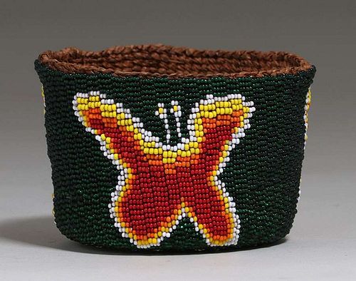 Native American Modoc Beaded Butterfly Basket c1920s