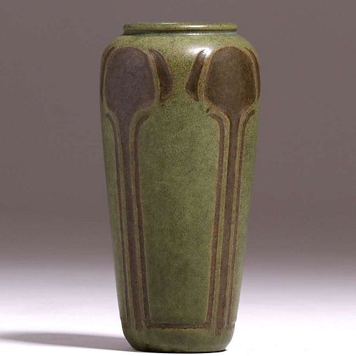 Rare Marblehead Pottery Matte Green Decorated Vase