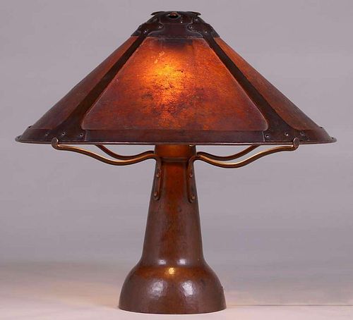 Early Dirk van Erp Hammered Copper & Mica Lamp