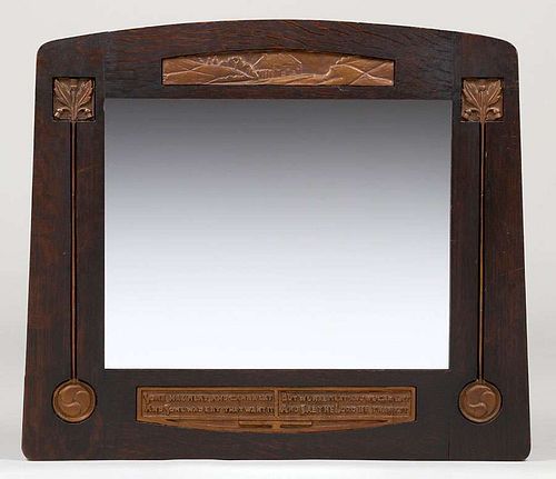 English Arts & Crafts Oak & Hammered Copper Mirror