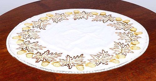 Arts & Crafts Oval Embroidered Acorn Table Linen c1910