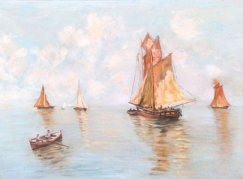 Antique Painting - Oil on Board Sail Boats & Ship c1910