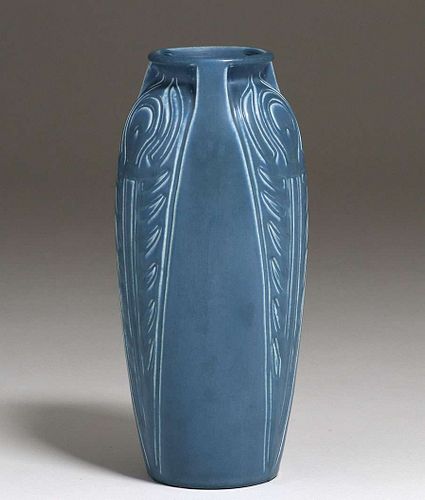 Rookwood Matte Blue Peacock Feather Vase 1921