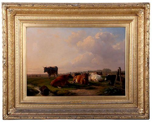 Eugène Verboeckhoven (Belgian, 1798-1881) Cattle at Rest in an Evening Field, Oil on canvas,