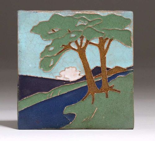 Van Briggle Scenic Pine Tree Tile c1910