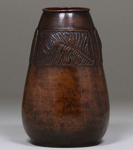 Harry Dixon Hammered Copper Peacock Feather Vase 1923