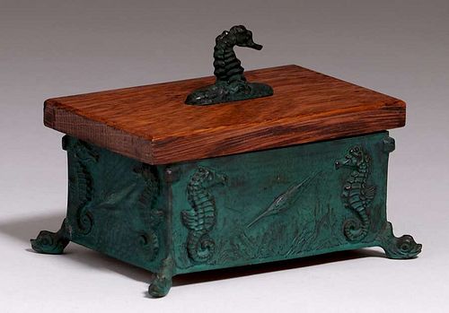 Rare E.T. Hurley Bronze & Oak Seahorse Box c1917