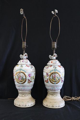 Pair Of Meissen Style Porcelain Urns As Lamps.