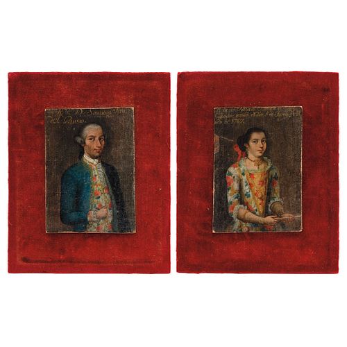 PAIR OF MINIATURE PORTRAITS OF DOÑA MARÍA ANTONIA DE ARAUJO AND DON SANTIAGO DEL BUSTO. MEX, 18th Century.  Oil on canvas on board.