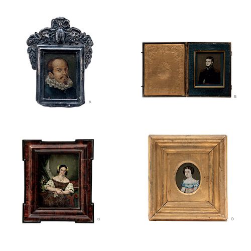 LOT OF FOUR MINIATURE PORTRAITS. MEXICO, 19th Century. Oil on copper plaque and gouache on ivory plaque.