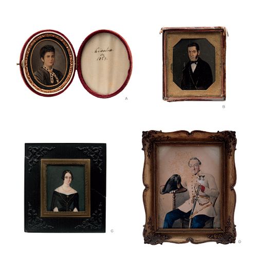 LOT OF FOUR MINIATURE PORTRAITS. MEX & GERMANY, 19th Century.  Gouache on ivory plaque, oil on gutta-percha, and watercolor on cardboard.