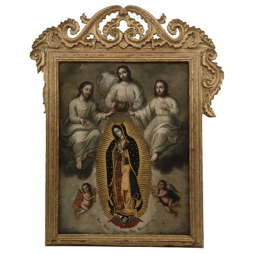 DIEGO CAYETANO DEL CAMINO (MEX, 18th Century) CORONATION OF THE VIRGIN OF GUADALUPE BY THE HOLY TRINITY.  Oil on copper plaque.