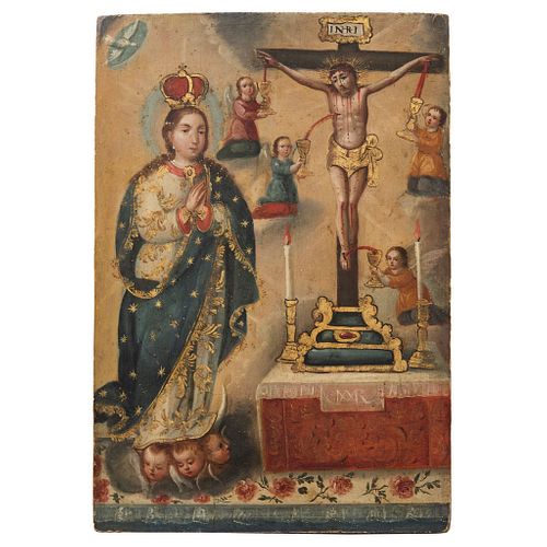 IMMACULATE VIRGIN NEXT TO ALLEGORY OF THE PRECIOUS BLOOD OF CHRIST. MEXICO, 19th Century. Oil on wood.