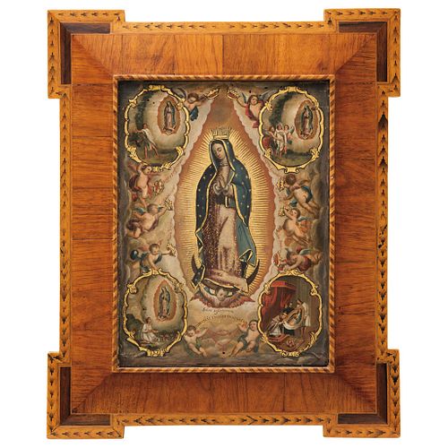 VIRGIN OF GUADALUPE WITH FOUR APPARITIONS. MEXICO, 19th Century. Oil on canvas.