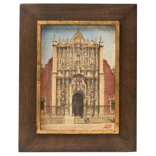 VIEW OF THE FAÇADE OF THE METROPOLITAN CATHEDRAL. MEXICO, 20th Century. Oil on canvas. Signed "J. Cortés"