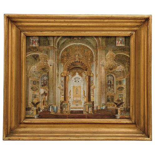 INTERIOR OF THE BASILICA OF OUR LADY OF GUADALUPE. MEXICO, 20th Century. Oil on canvas. Signed "J. Cortés cop"