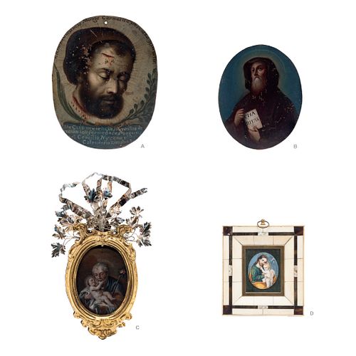 LOT OF FOUR RELIQUARIES. MEX, 18th Century. Oil on copper plaque and gouache on ivory. One by the author Gonzalo "El Padre" Carrasco