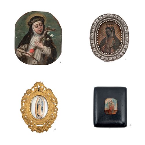 LOT OF FOUR RELIQUARIES. MEXICO, 18th-19th Century.  Eglomise and oil on copper plaque and gutta-percha.